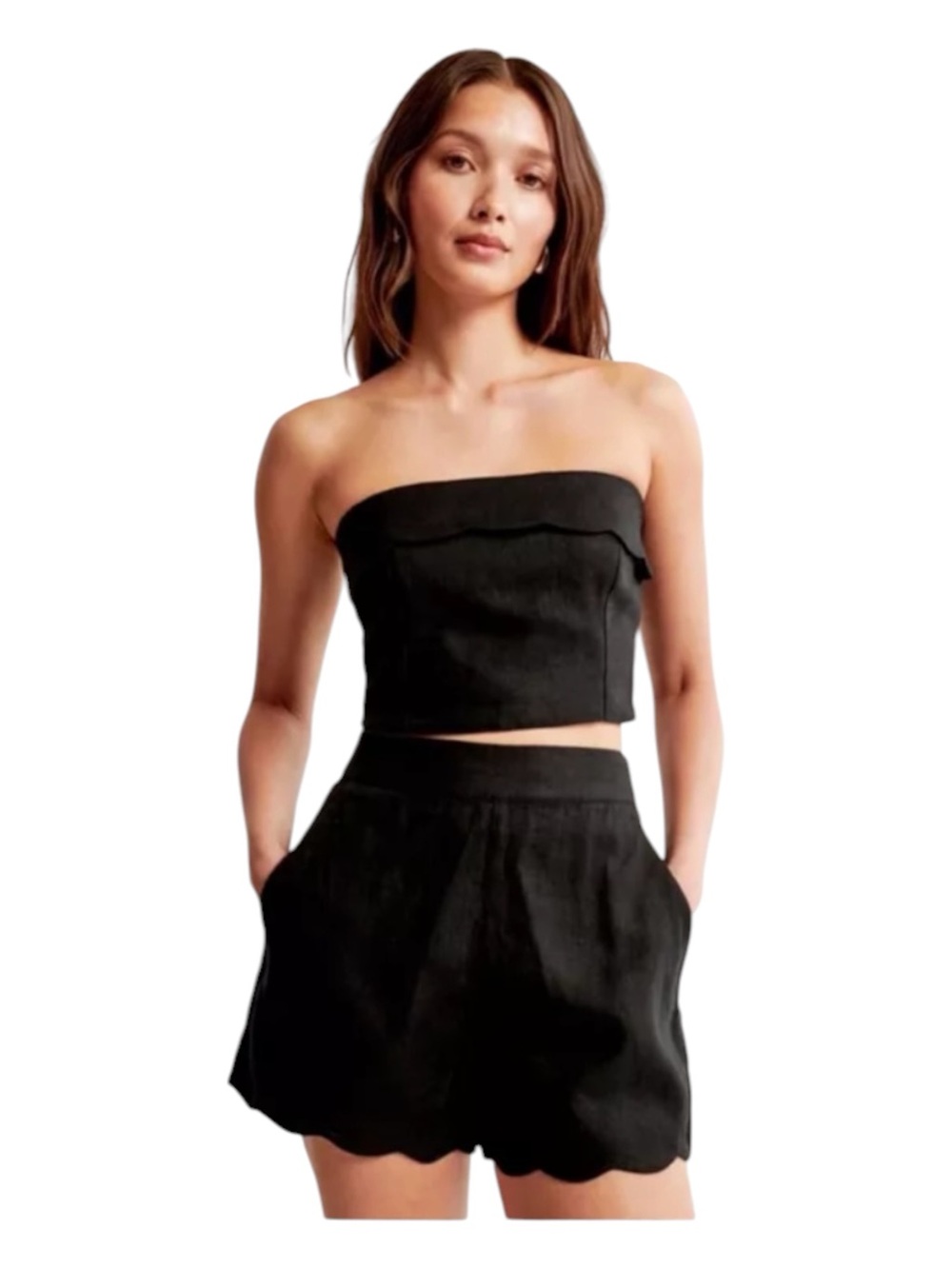 NWT Abercrombie & Fitch Premium Linen Scallop Hem High Rise Shorts in Black 26